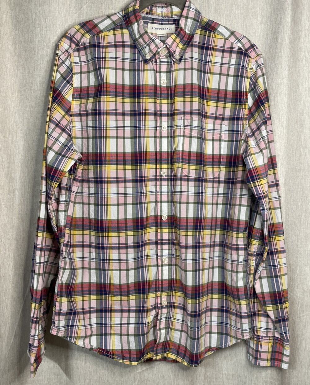 Aeropostale Womans M Medium Pink Plaid Flannel Pocket Cotton Button Down Shirt
